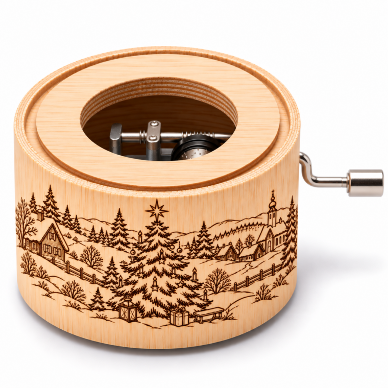Spieluhr mit dem Weihnachtslied O Tannenbaum,  Motiv Weihnachtszauber am Tannenbaum