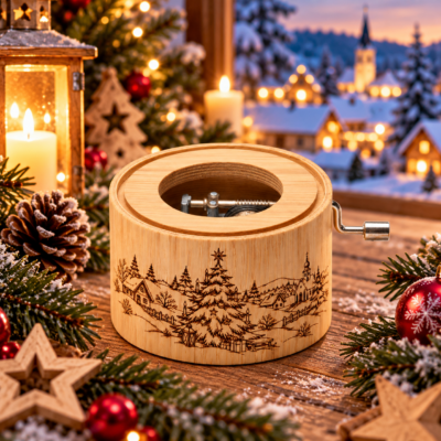Festliche-Spieluhr-im-verschneiten-Winterdorf