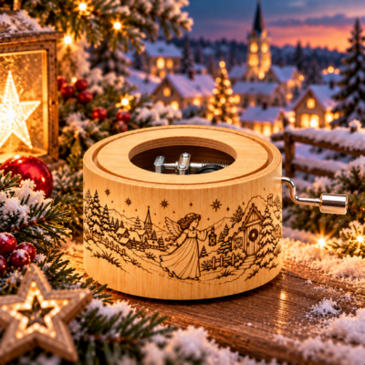 Weihnachtliche-Spieluhr-im-verschneiten-Dorf