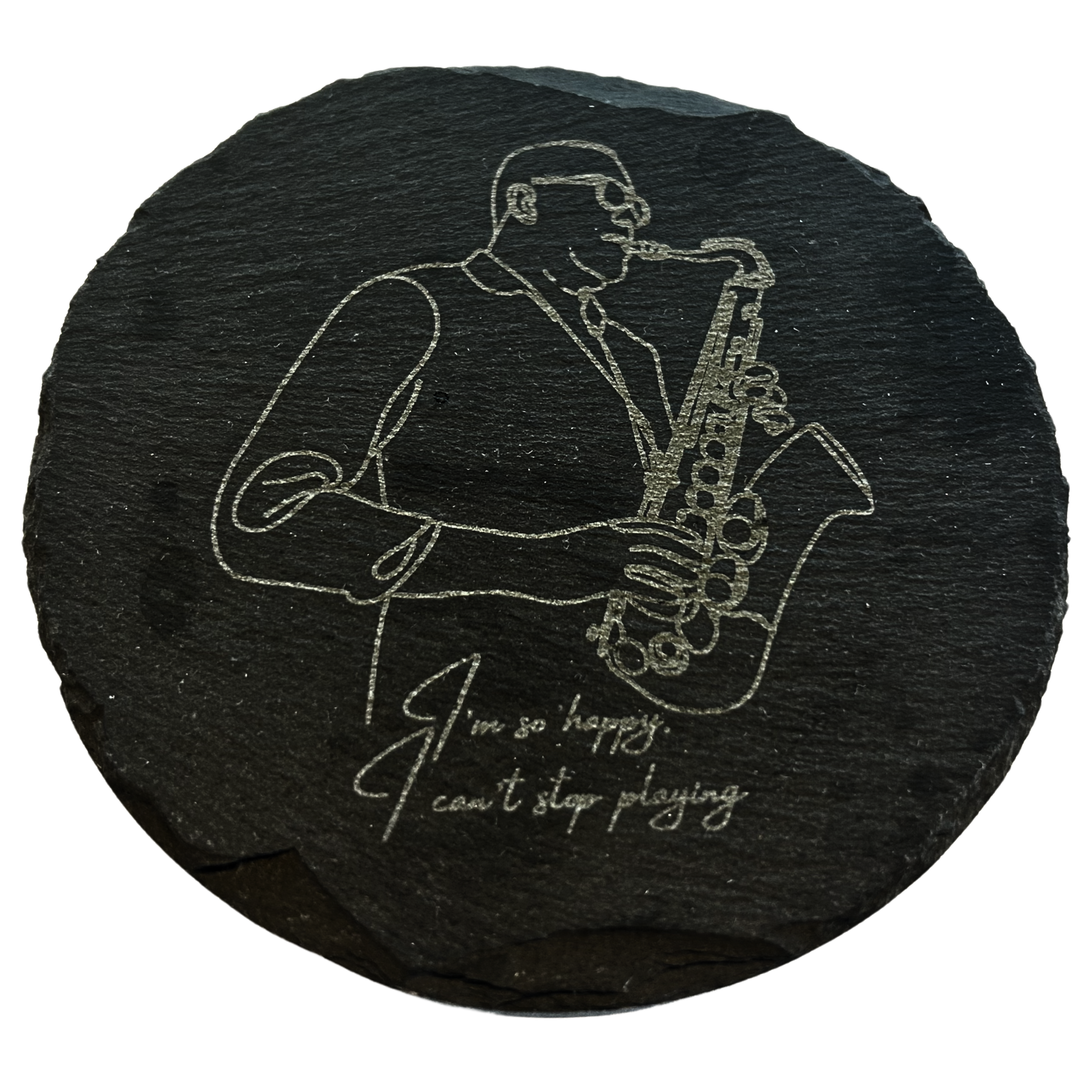 dekorativer Untersetzer aus Naturstein zeigt als Motiv eines Saxophonisten