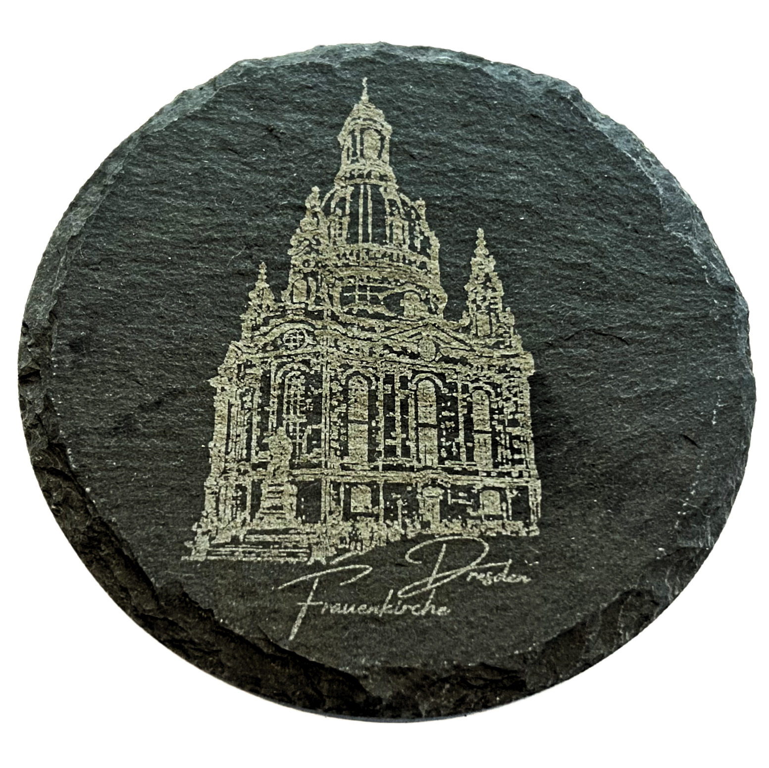 dekorativer Untersetzer aus Naturstein zeigt als Motiv der Frauenkirche Dresden