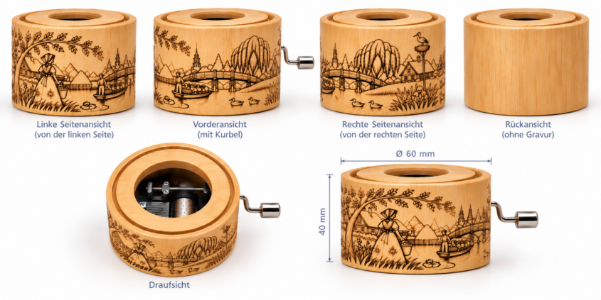 Spreewald Spieluhr aus Bambus – graviertes Spreewald Motiv mit Kahnfahrt, Tracht & Spreewaldbrücke – Melodie Für Elise – Bild 4