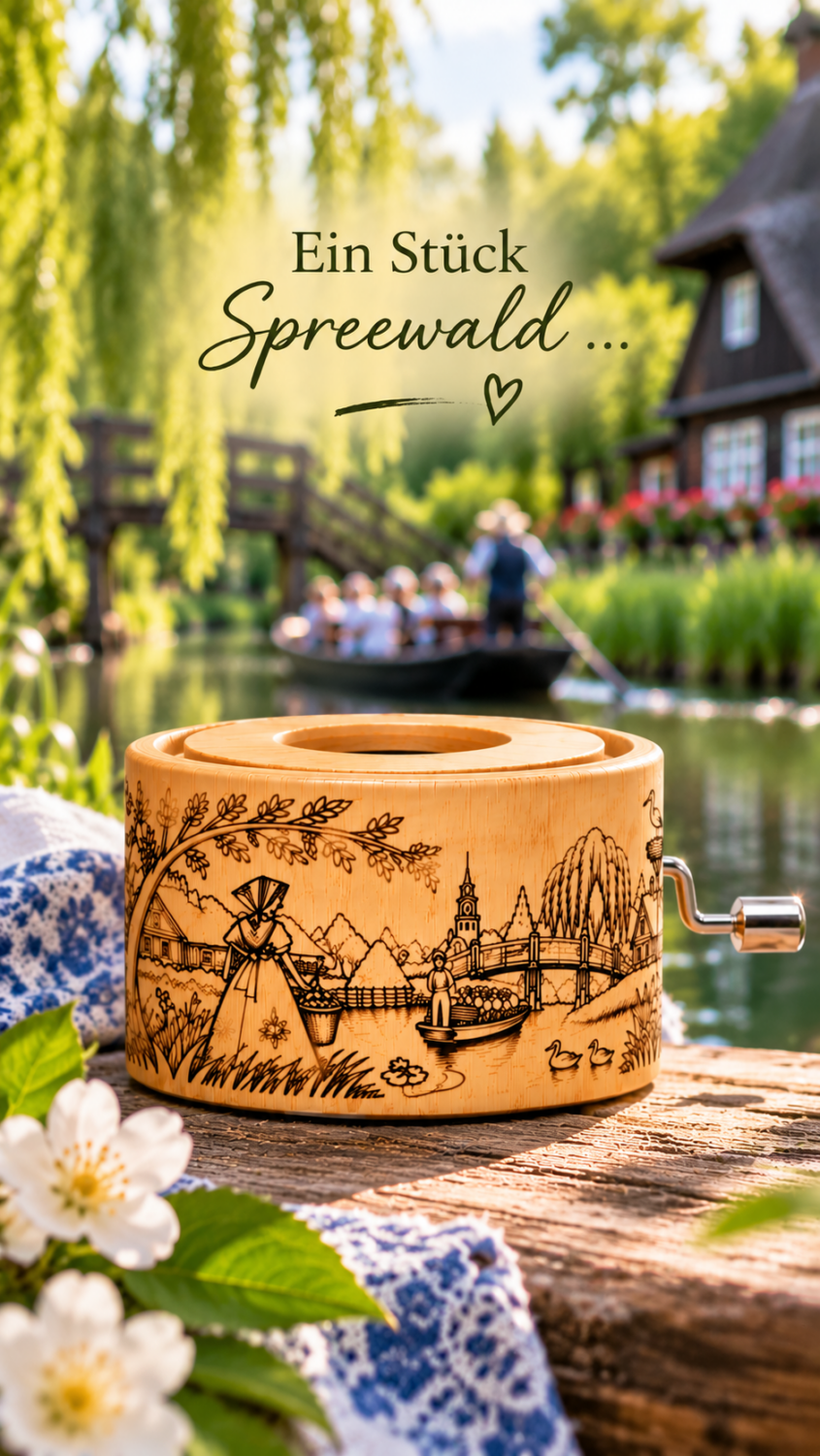 Spreewald Spieluhr aus Bambus – graviertes Spreewald Motiv mit Kahnfahrt, Tracht & Spreewaldbrücke – Melodie Für Elise – Bild 2