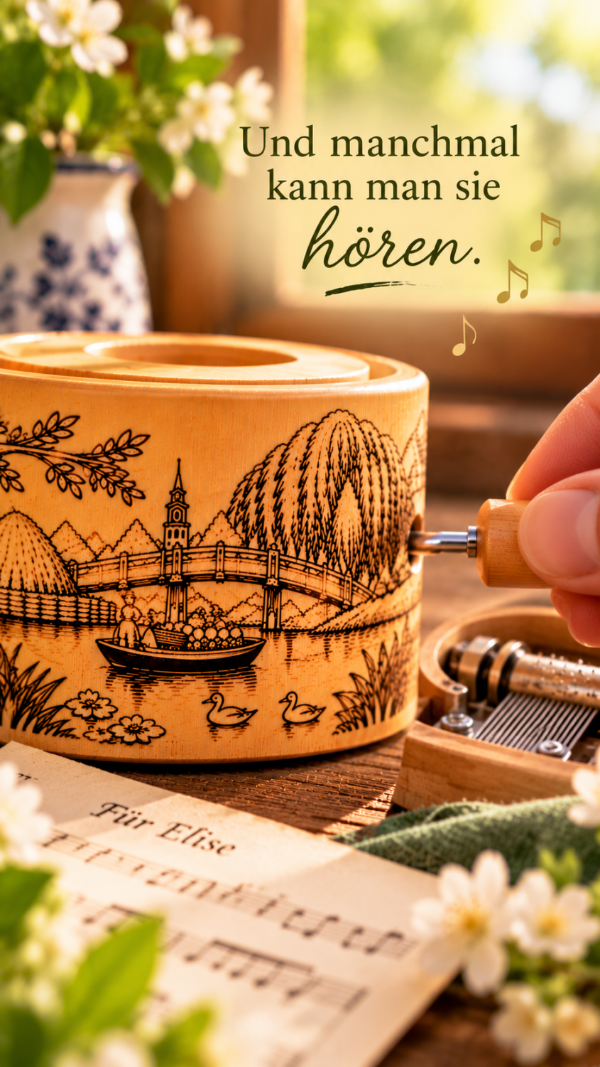 Spreewald Spieluhr aus Bambus – graviertes Spreewald Motiv mit Kahnfahrt, Tracht & Spreewaldbrücke – Melodie Für Elise – Bild 3
